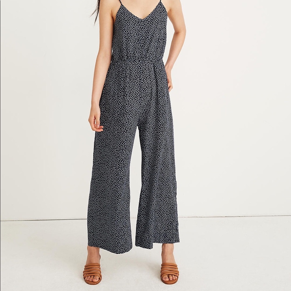 NWT Madewell Wide Leg Sleeveless Jumpsuit Navy Blue White Polka Dot Print - Picture 4 of 9